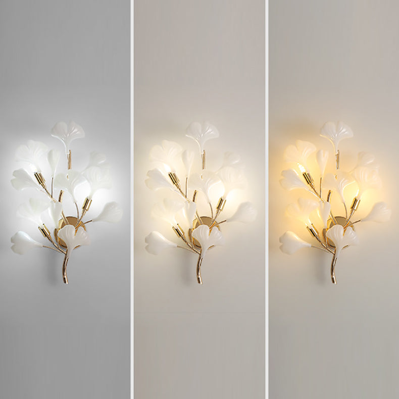 Applique murale contemporaine créative en feuille de ginkgo en fer plastique porcelaine 2/3 lumières pour salon 