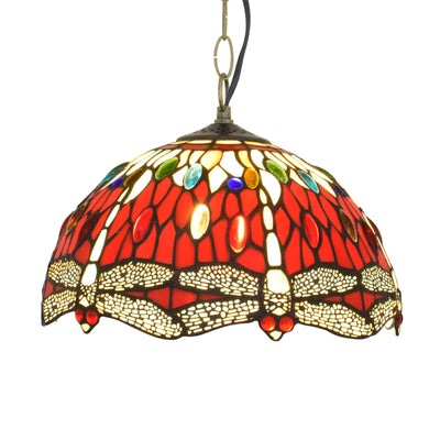 European Vintage Tiffany Red Dragonfly Iron Glass 1-Light Pendant Light