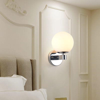 Contemporary Scandinavian Milk White Glass Orb Shade Iron Base 1-Light Wall Sconce Lamp For Living Room