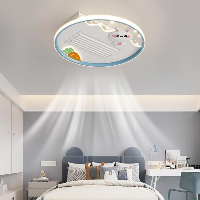 Contemporary Creative Acrylic Astronaut Moon LED Kids Flush Mount Ceiling Invisible Bladeless Fan Light For Bedroom