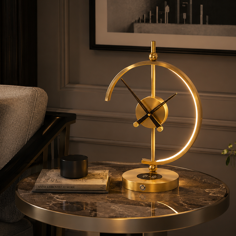 Traditional Vintage Round Clock Aluminum Plastic LED Table Lamp For Living Room