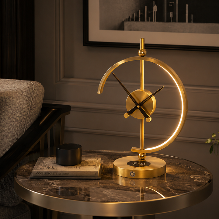 Traditional Vintage Round Clock Aluminum Plastic LED Table Lamp For Living Room