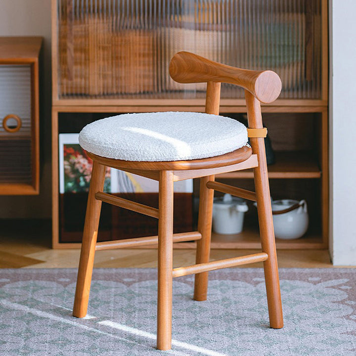 Taburete tocador redondo de madera de estilo moderno y sencillo con tela sherpa, respaldo y reposapiés para dormitorio 