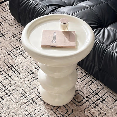 Table d'appoint moderne minimaliste avec base ovale en colonne, plateau en densité, bois de hêtre et fibre de verre pour le salon 