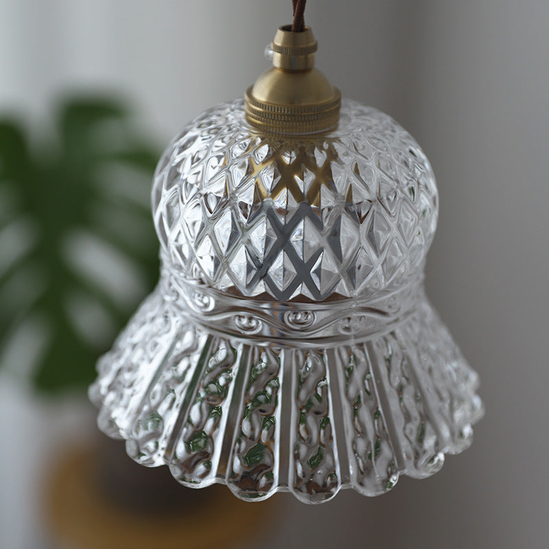 Traditionelle französische Pendelleuchte in Blumenform aus Messing mit kariertem Glas und 1 Licht für das Wohnzimmer 