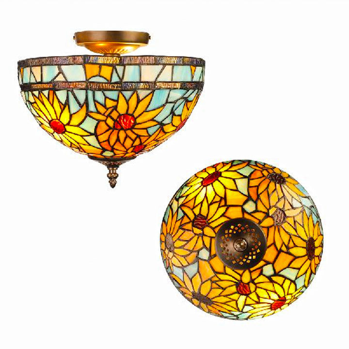 Traditionelle Tiffany-Deckenleuchte mit Sonnenblume, Eisenglas, 2 Lichter, halbbündige Montage, für den Flur 