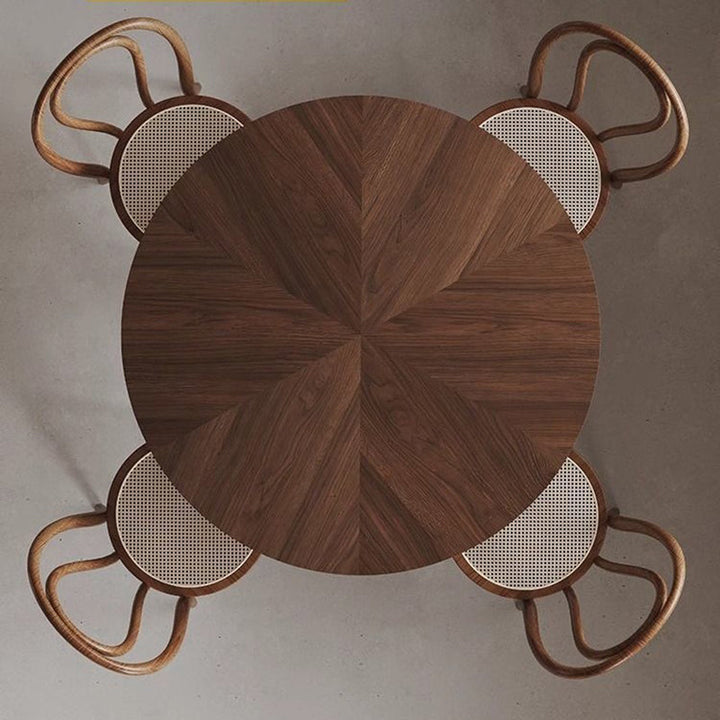 Zeitgenössisches Retro-Rundwalnuss-Kupfer-Rattan-Esszimmertisch- und Stuhlset für 2 Sitze 