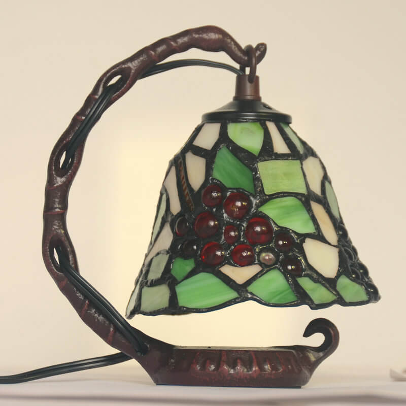 Vintage Tiffany Grape Stained Glass Metal Base 1-Light Table Lamp