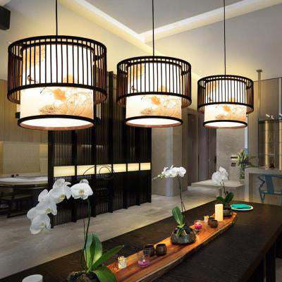 Traditionelle chinesische Bambusweberei Stoff Runde 1-Licht Pendelleuchte für Esszimmer 