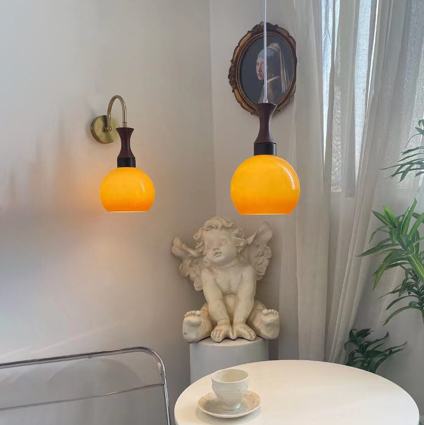 Applique Murale Rétro en Bois et Fer avec Bras et Boule en Verre 1 Lumière 