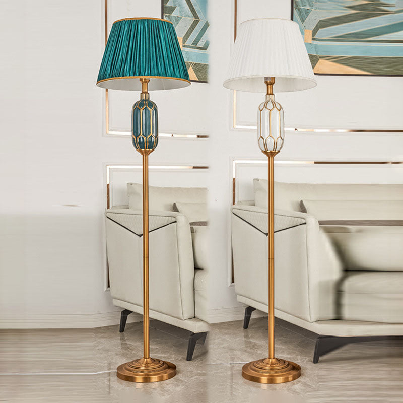 Traditional Vintage Trapezoid Fabric Shade Ceramic Iron Base 1-Light Standing Floor Lamp For Living Room