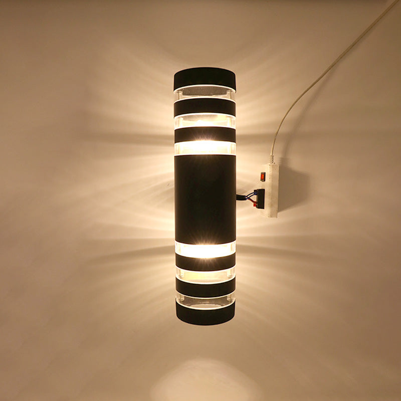Lampe applique murale 2 lumières cylindrique en aluminium, fer, acrylique et verre étanche de simplicité moderne pour patio extérieur 