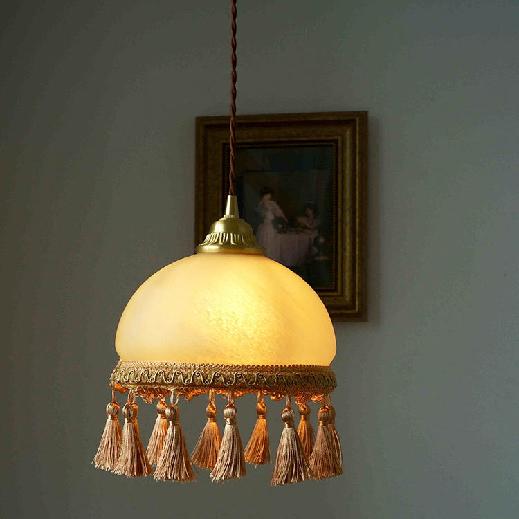 Traditionelle französische runde Quaste Glas Kupfer Stoff 1-Licht Pendelleuchte für Wohnzimmer 