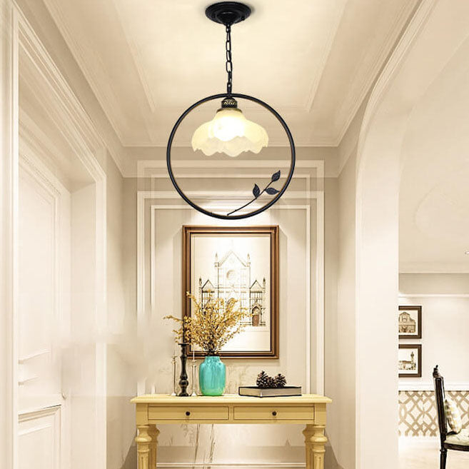 Creative Flower Bud Glass Shade Circle Ring Wrought Iron 1-Light Pendant Light
