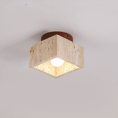 Japanese Wabi-Sabi Yellow Travertine Column Wood 1-Light Semi-Flush Mount Ceiling Light