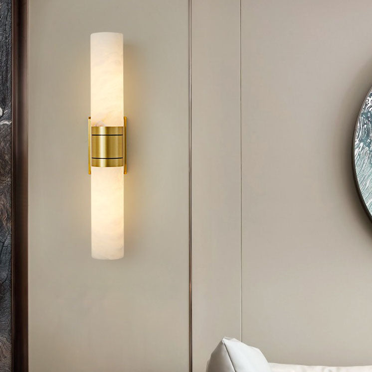 Traditionelle chinesische Vollkupfer-Marmor-Zylinderschirm-2-Licht-Wandleuchterlampe für Wohnzimmer 