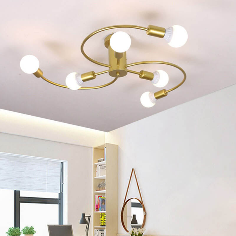 Modern Mid-Century Round Iron 6/8 Light Semi-Flush Mount Ceiling Light For Living Room