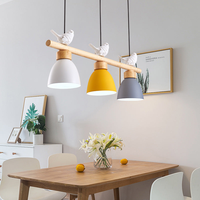 Lustre contemporain scandinave rond en bois de fer et résine à 3 lumières pour salle à manger 