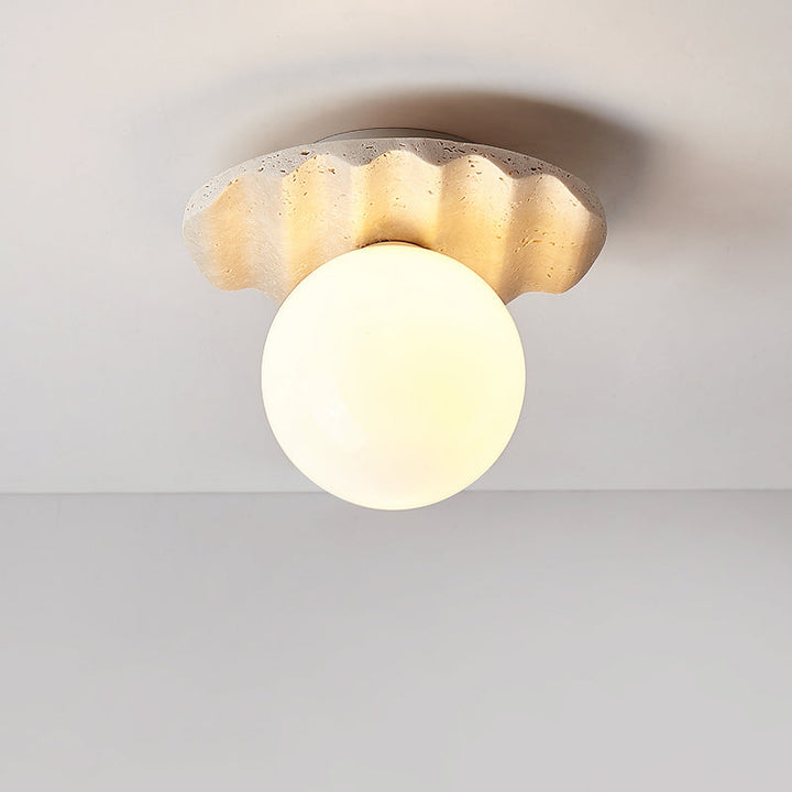 Traditionelle japanische Deckenleuchte aus gelbem Travertin mit kugelförmigem Glasschirm und 1 Licht, halbbündige Montage für Wohnzimmer 