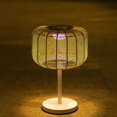 Contemporary Retro Solar Waterproof Weaving Rattan Metal Cylinder LED Landscape Lighting Outdoor Light For Outdoor Patio