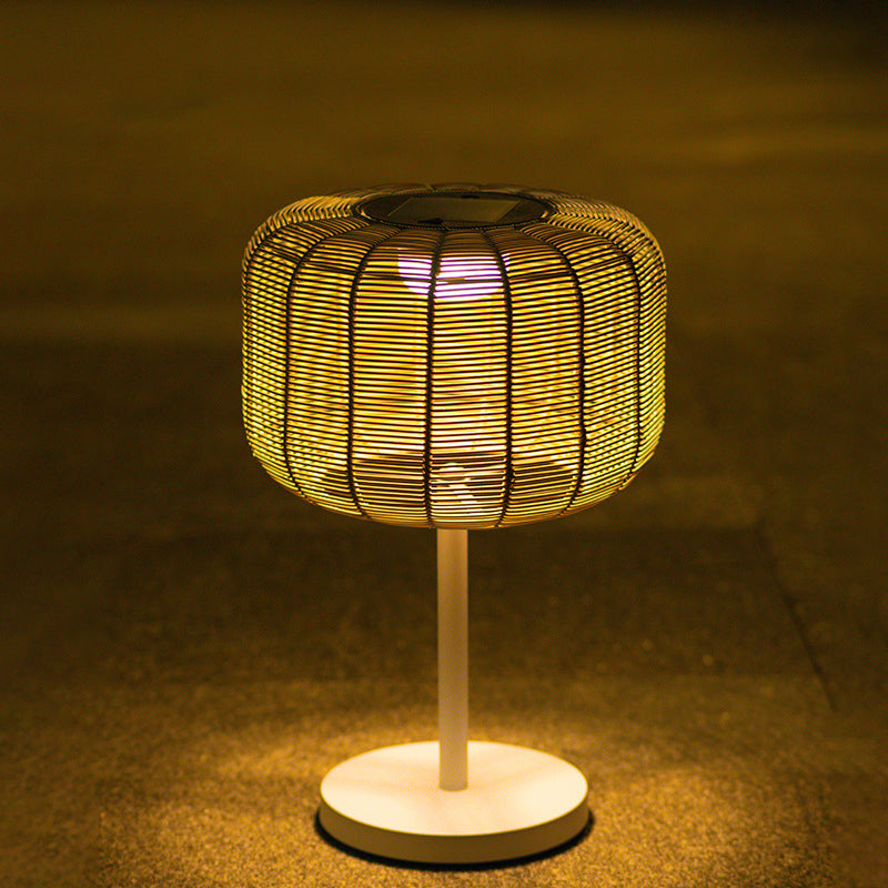 Contemporary Retro Solar Waterproof Weaving Rattan Metal Cylinder LED Landscape Lighting Outdoor Light For Outdoor Patio
