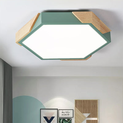 Contemporary Scandinavian Hexagonal Iron Wood Macaron LED Flush Mount Ceiling Light For Bedroom