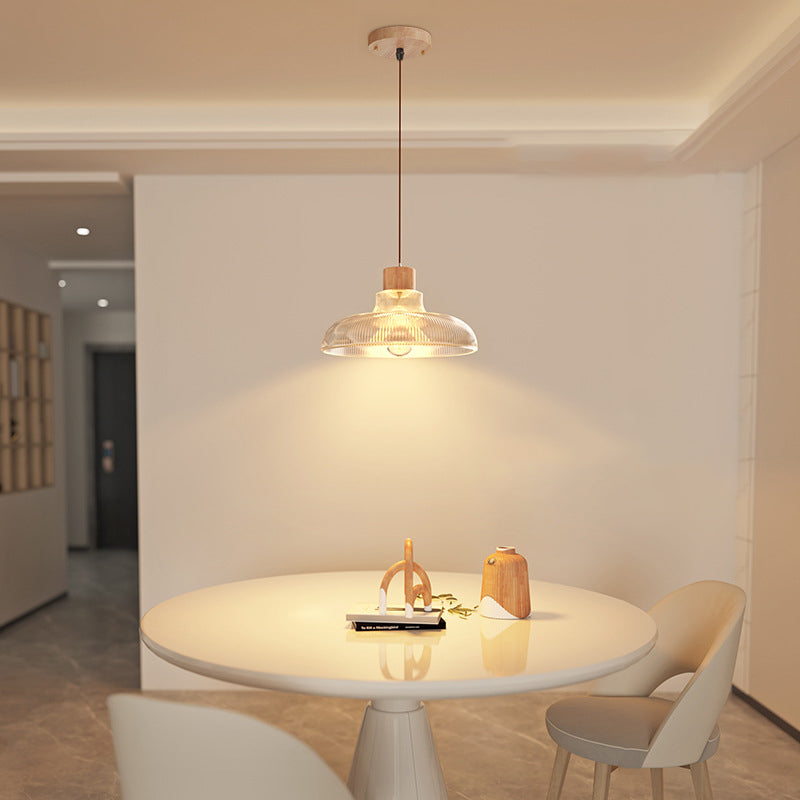 Zeitgenössische Retro Holz Vertikal Glas Runde Schatten 1-Licht Pendelleuchte für Wohnzimmer 