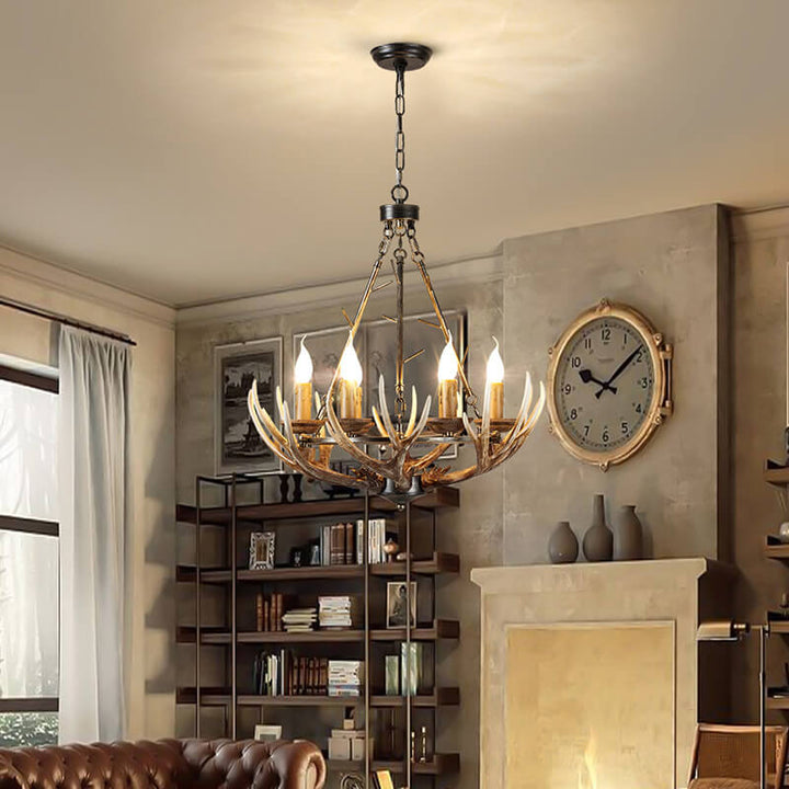 Candelabro de isla de 6 luces con soporte de vela de asta industrial de resina, hierro y acrílico 