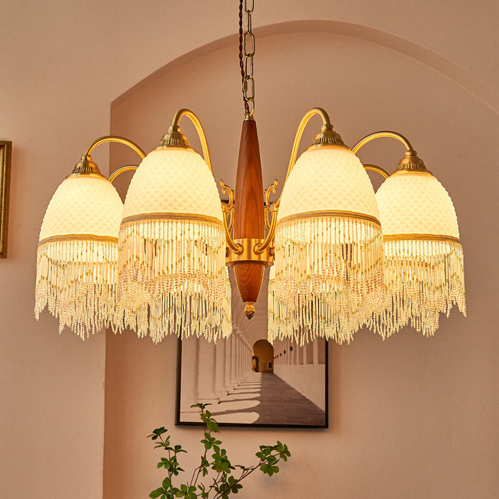 Traditional Vintage Grid Tassel Copper Wood Glass 3/5/8 Light Chandelier For Living Room