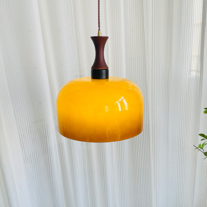 Lámpara colgante de 1 luz, tradicional, vintage, redonda, de madera y vidrio, cilindro redondo, para sala de estar 