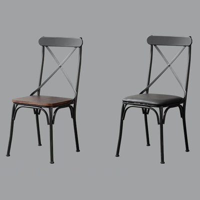 Ensemble de chaises et table de salle à manger en cuir industriel contemporain, bois, fer, avec dossier en forme de X pour salle à manger 