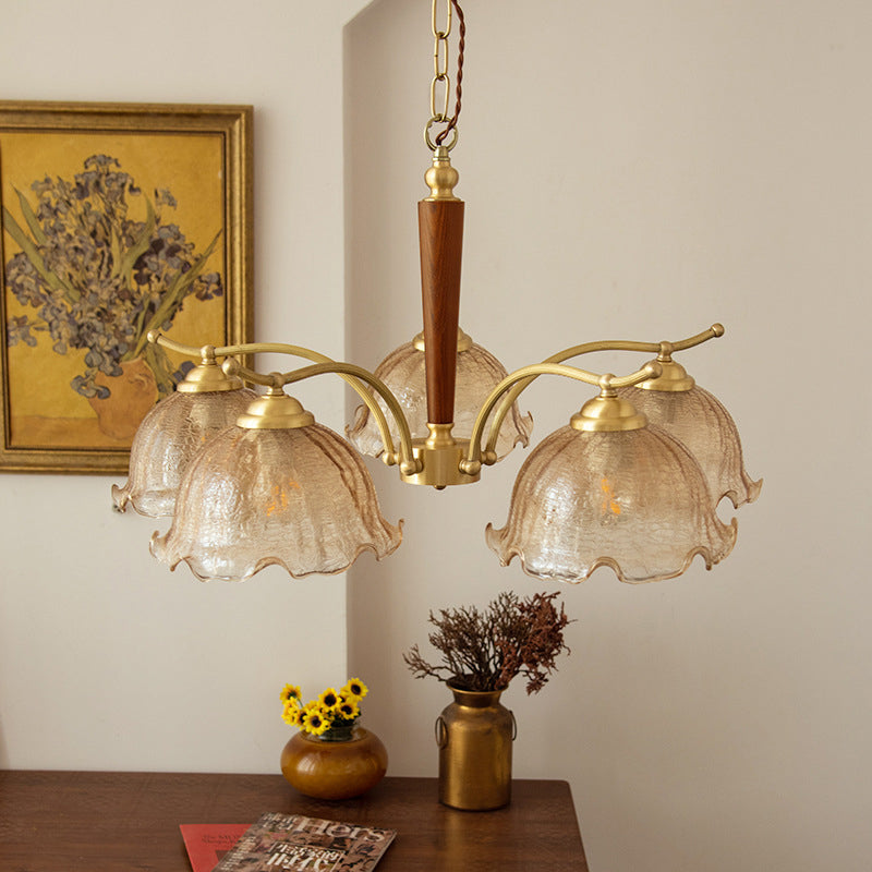 Traditional Vintage Petals All Copper Log Glass 3/5 Light Chandelier For Living Room