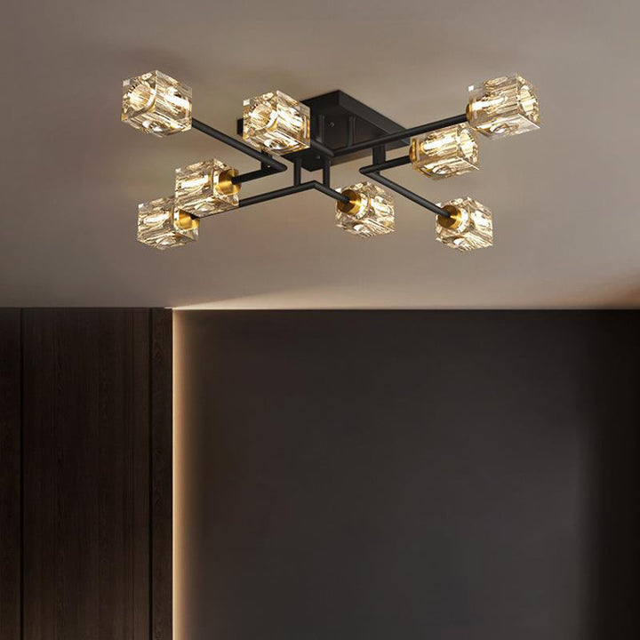 Luminaire de plafond semi-encastré contemporain de luxe branche rectangulaire en cuivre massif avec cristal 4/6/8 lumières pour salon 