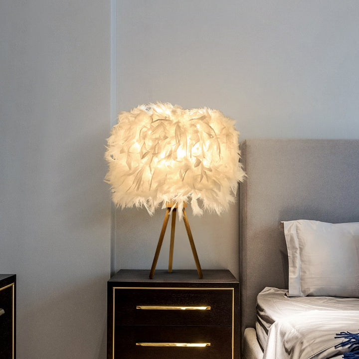 Lampe de table à 1 lumière avec base triangulaire en bois plume Art déco moderne pour chevet 