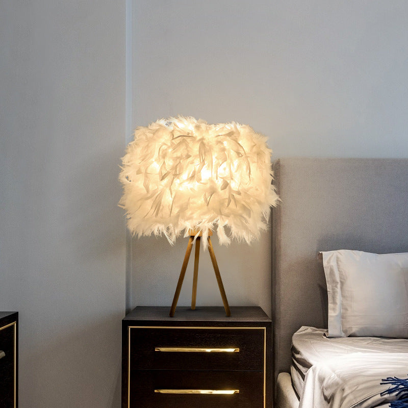 Modern Art Deco Feather Wood Cylinder Triangle Base 1-Light Table Lamp For Bedside
