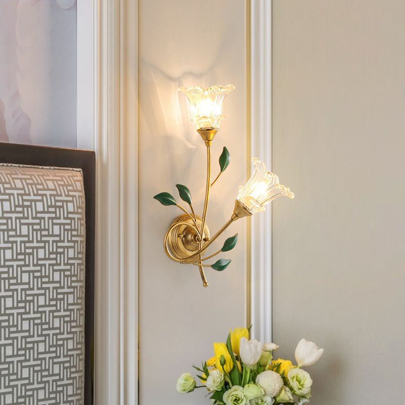 Traditional European Iron Crystal Glass Flower Leave 2-Light Wall Sconce Lamp For Living Room