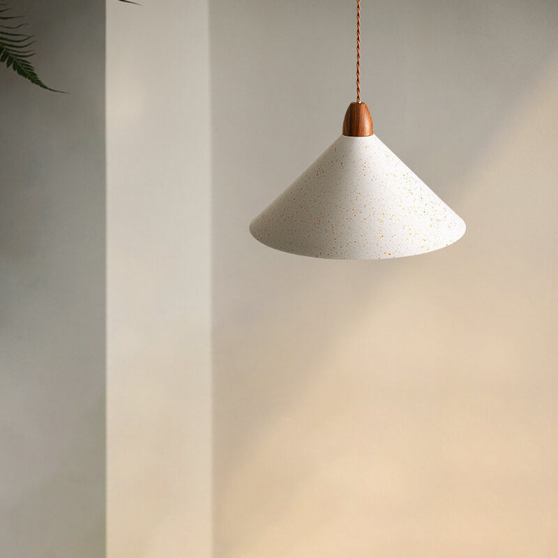 Japanese Minimalist Cone Iron Wood Grain 1-Light Pendant Light