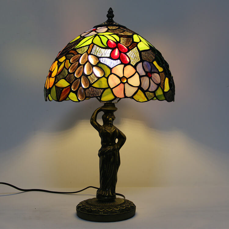 Retro Tiffany Grape Glass Metal Resin Dome 1-Light Table Lamp