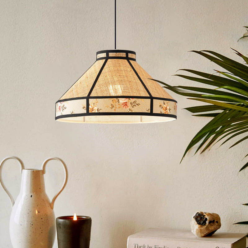 Zeitgenössische Vintage Runde Kegel Bast Hardware 1-Licht Pendelleuchte für Wohnzimmer 