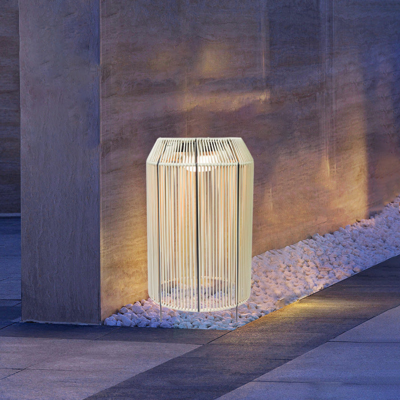 Lampe de sol LED cylindrique en rotin PE étanche à l&