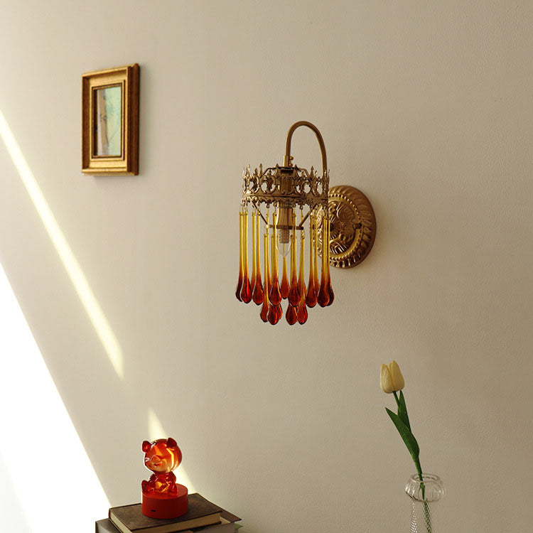 French Romantic Brown Water Drop Glass 1-Light Wall Sconce Lamp