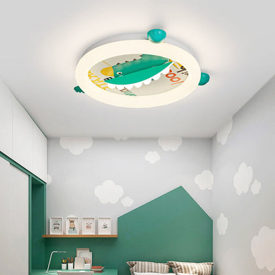 Contemporary Creative Kids Round Dinosaur Iron Acrylic Plastic LED Ceiling Light For Bedroom