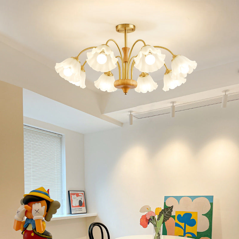 Lámpara de araña tradicional francesa redonda de cobre con vidrio y madera con 4/6/8 luces para sala de estar 