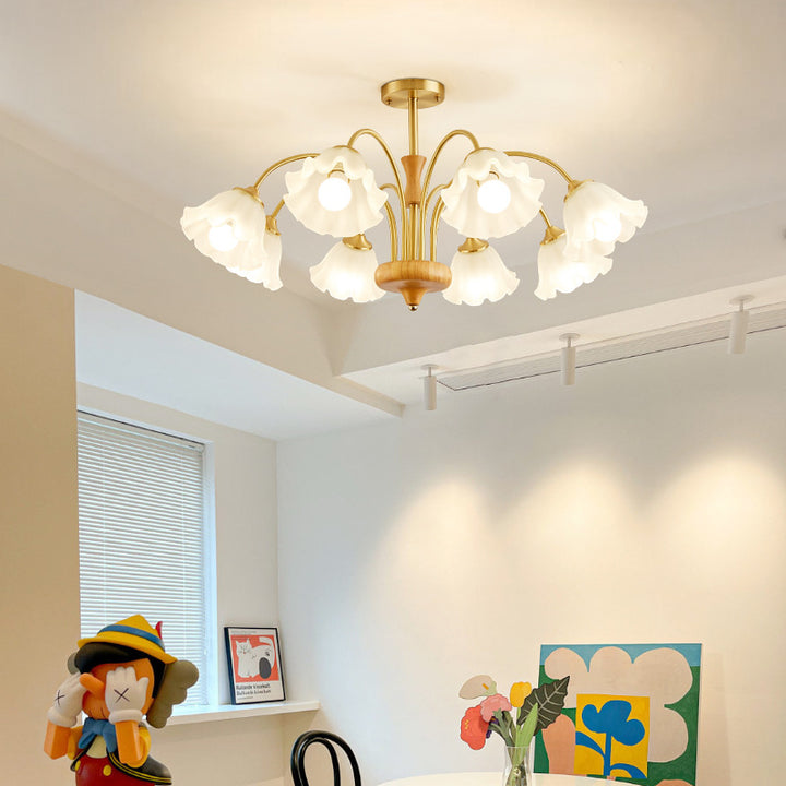 Lámpara de araña tradicional francesa redonda de cobre con vidrio y madera con 4/6/8 luces para sala de estar 