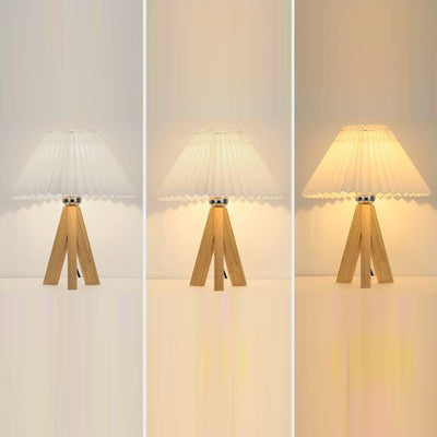 Lámpara de mesa de 1 luz con pantalla de tela plisada trapezoidal minimalista moderna y trípode de madera para dormitorio 