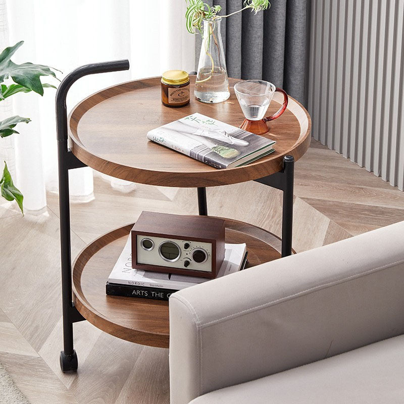 Table basse moderne minimaliste ronde en fer et bois à 2 niveaux pour le salon 