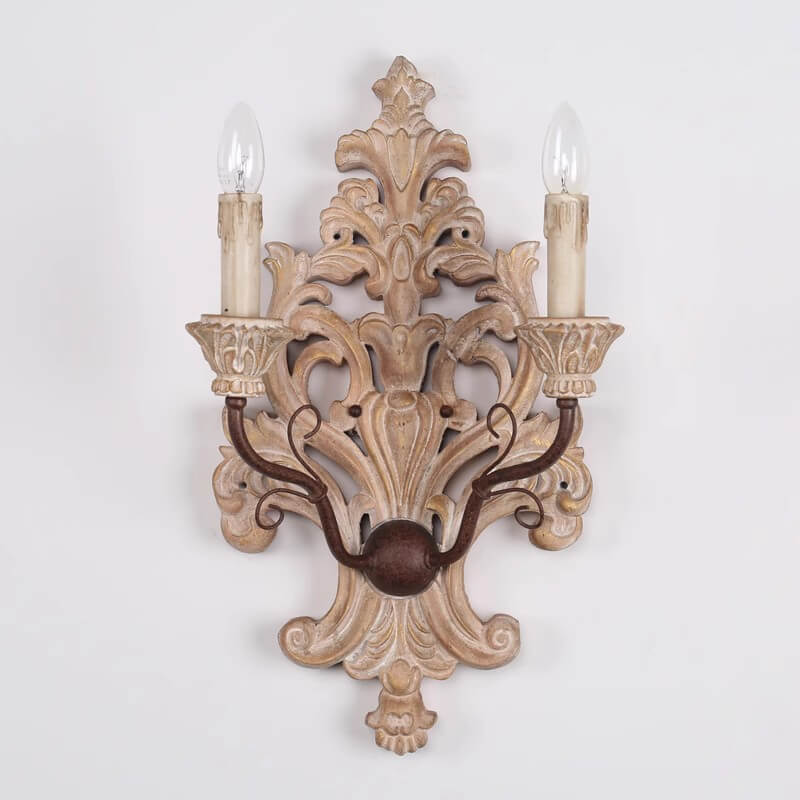 Rural Nostalgic Solid Wood Iron Double Head Candelabra 2-Light Wall Sconce Lamp