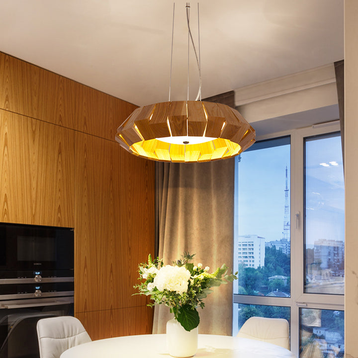 Zeitgenössische skandinavische Runde fliegende Untertasse Holz Glas LED Kronleuchter für Wohnzimmer 