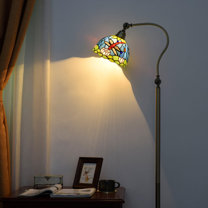 Lampe de sol traditionnelle Tiffany en dôme rond en verre fer avec libellule à 1 lumière pour chevet 