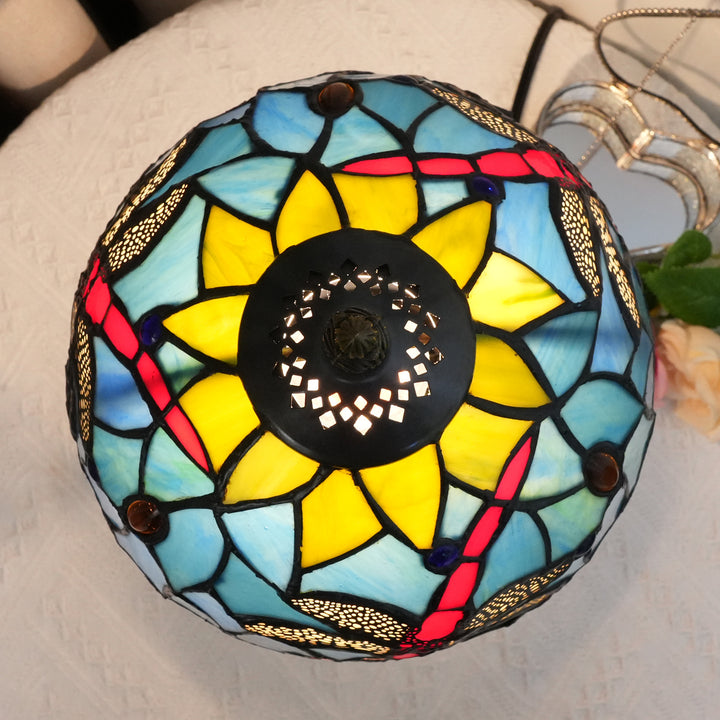 Lampe de table à 1 lumière en résine de verre Tiffany traditionnelle avec dôme et libellule lotus pour étude 